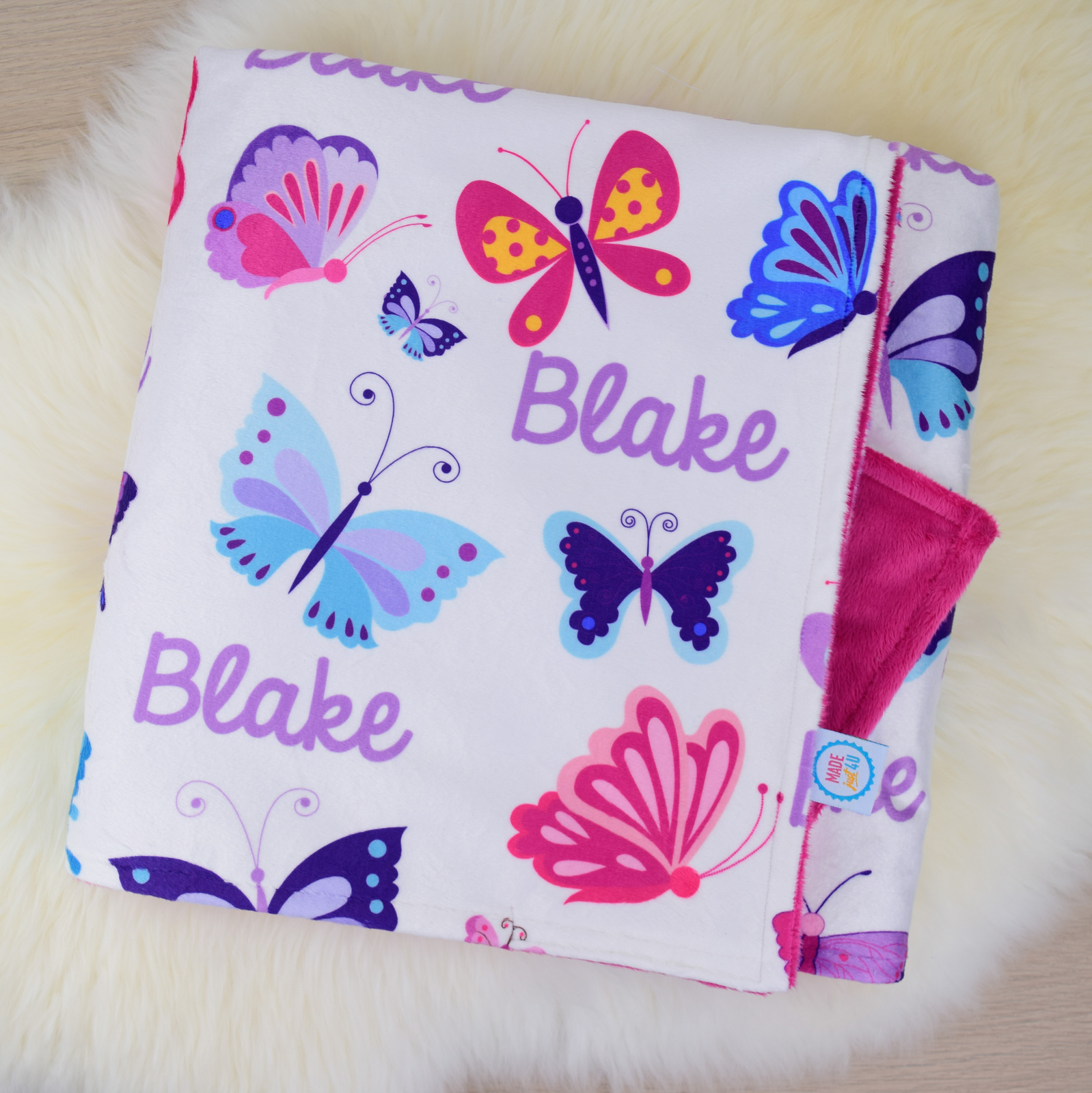 Personalised Butterflies Throw Cushion Minky fabric custom with name.
