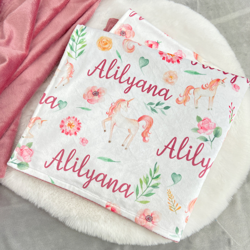 Unicorn Forest Personalised Name Minky (Pram Blanket 70x100cm)