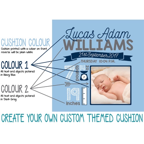 Birth Details Photo Cushion Cover [Cushion cover with insert, Custom Colour Theme]